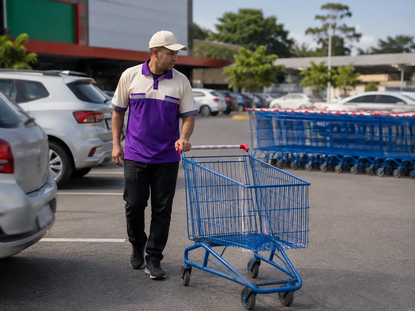 Profissional da Total Serviços conduzindo carrinho de supermercado no estacionamento