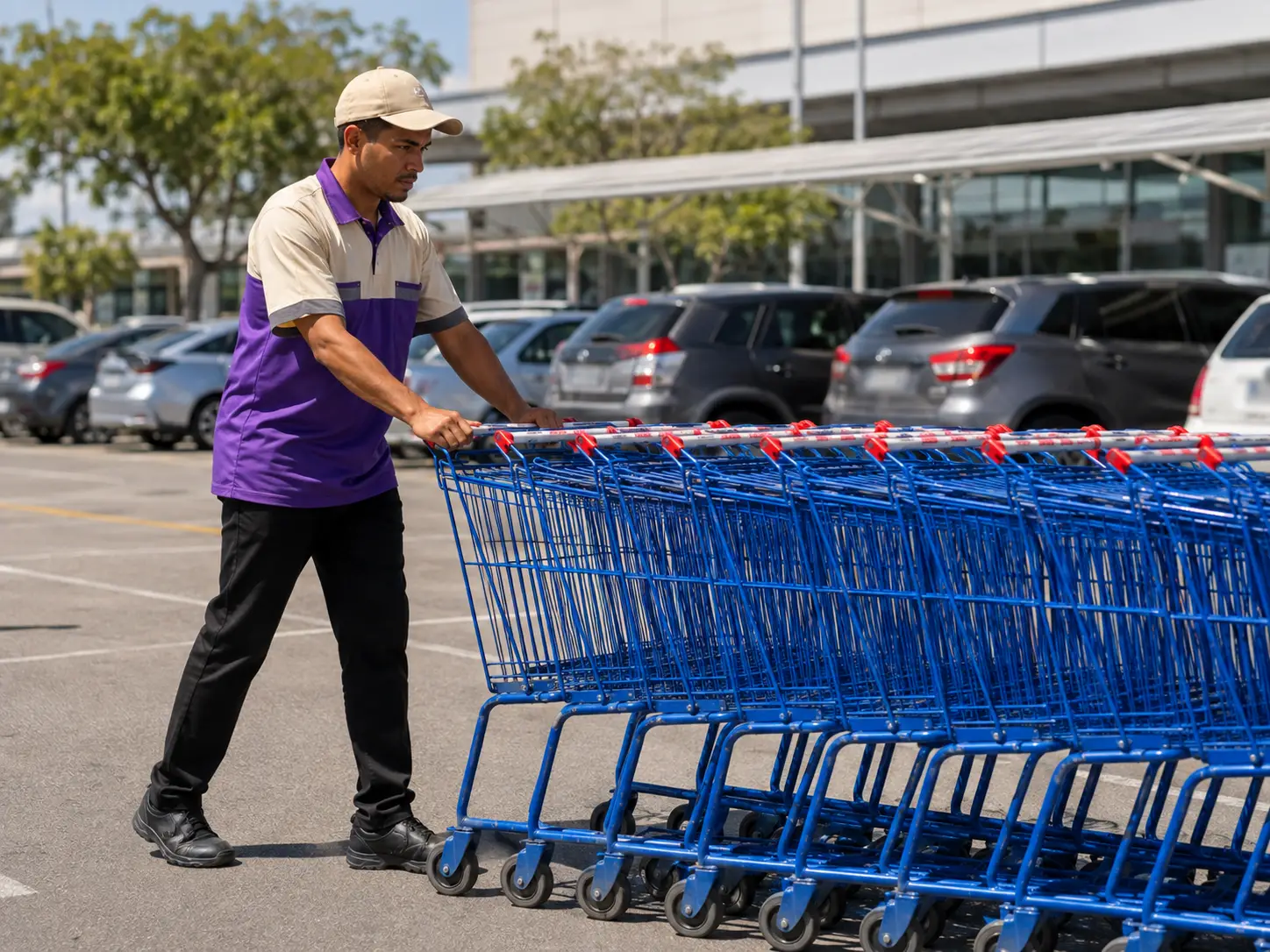 Profissional recolhendo fileira de carrinhos no estacionamento