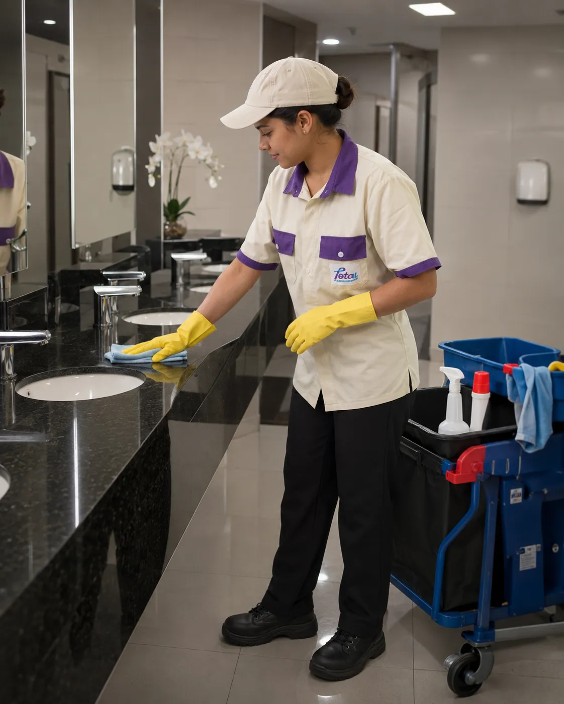 Profissional da Total Serviços higienizando a bancada de um sanitário impecável