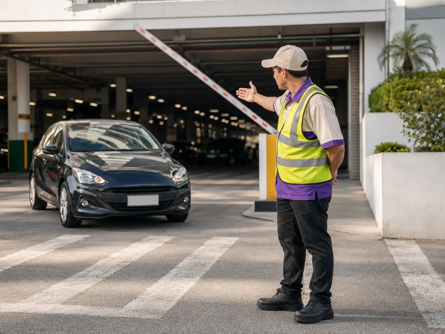 Profissional da Total Serviços orientando a entrada de veículo em estacionamento